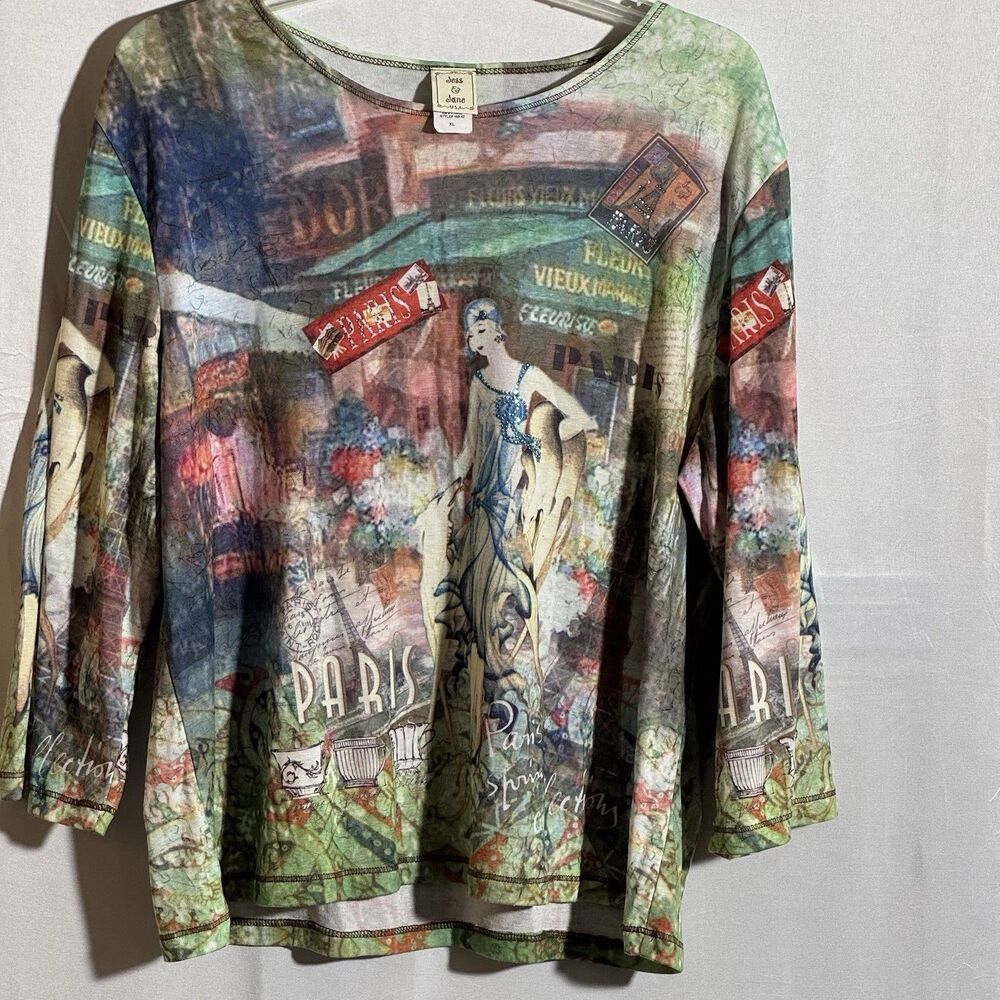 Jess & Jane Paris Graphic Art Top Women's XL 3/4 Sleeve Travel Shirt Casual